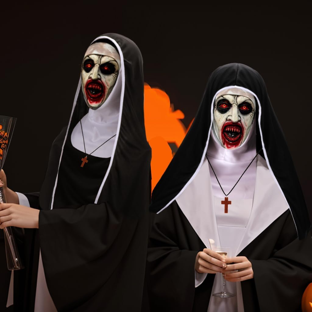 3Pcs Halloween Mask Headgear,Breathable Mesh Full Head Face Mask Creepiest Headwear Costume with Cross Necklace Cape