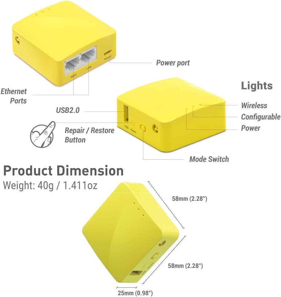 GL.iNet GL-MT300N-V2(Mango) Portable Mini Travel Wireless Pocket VPN WiFi Router - Access Point/Extender/WDS | OpenWrt | 2 x Ethernet Ports | OpenVPN/Wireguard VPN | USB 2.0 | 128MB RAM