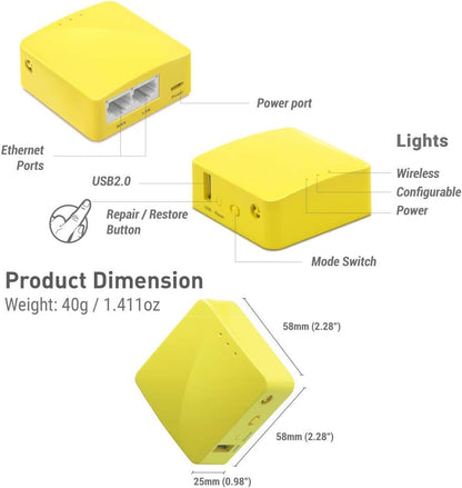 GL.iNet GL-MT300N-V2(Mango) Portable Mini Travel Wireless Pocket VPN WiFi Router - Access Point/Extender/WDS | OpenWrt | 2 x Ethernet Ports | OpenVPN/Wireguard VPN | USB 2.0 | 128MB RAM