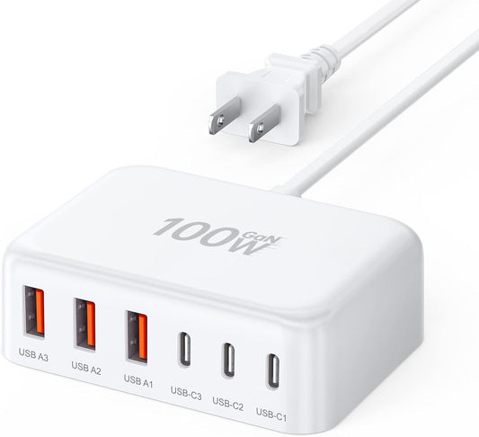 USB C Charger Block, 100W 6 Port PD USB C and QC USB A Wall Charger Block Cube, Super Fast Type C Charging Station Hub for iPhone 16 15 14 13 12 Pro Max iPad Samsung Pixel 5ft Extension Cord