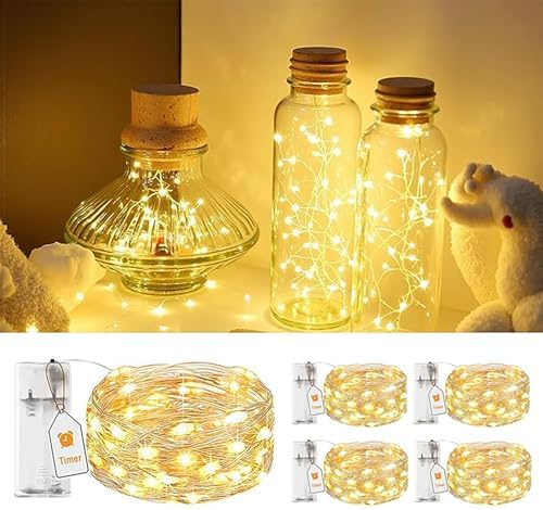 AlldGuo 2-Pack Fairy Lights Battery Powered – 2M 20 LED Warm White Twinkle Lights with Timer, Flexible Silver Wire Indoor String Lights for Bedroom, Christmas, Halloween, Party, DIY Decor