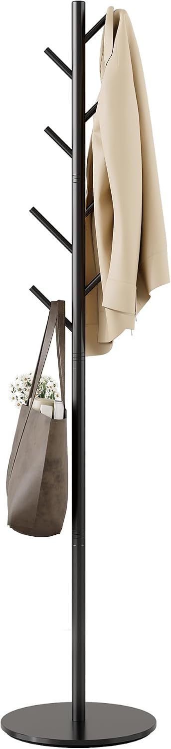 Coat Rack with 8 Hooks, Adjustable to 3 Heights, Modern Hall Tree, Sturdy Metal Coat Stand with Sintered Stone Base, for Entryway, Office or Bedroom, Ideal for Coats, Hats and Bags, Black
