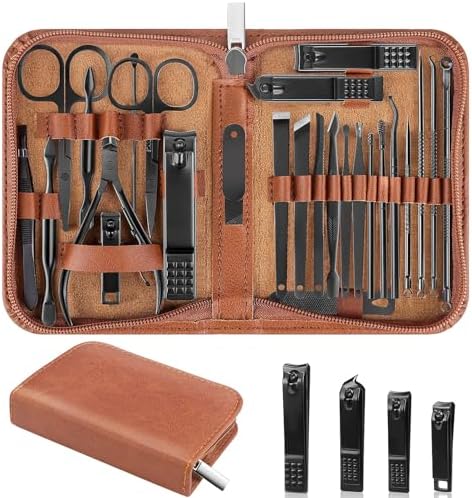 Nail Clippers Set, 26 Piece Manicure Set & Pedicure Kit, Stainless Steel Fingernail & Toenail Clipper Cutters, Professional Nail Care Tools with Luxurious Travel Case for Men and Women, Black