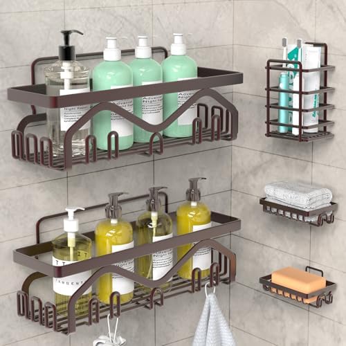 Coraje Adhesive Shower Caddy, 5-Pack Shower Shelves, Large Capacity Load Bearing 40 LBS Shower Organizer, No Drilling Shower Shelf, Rustproof Stainless Steel Bathroom Shower Storage, Black