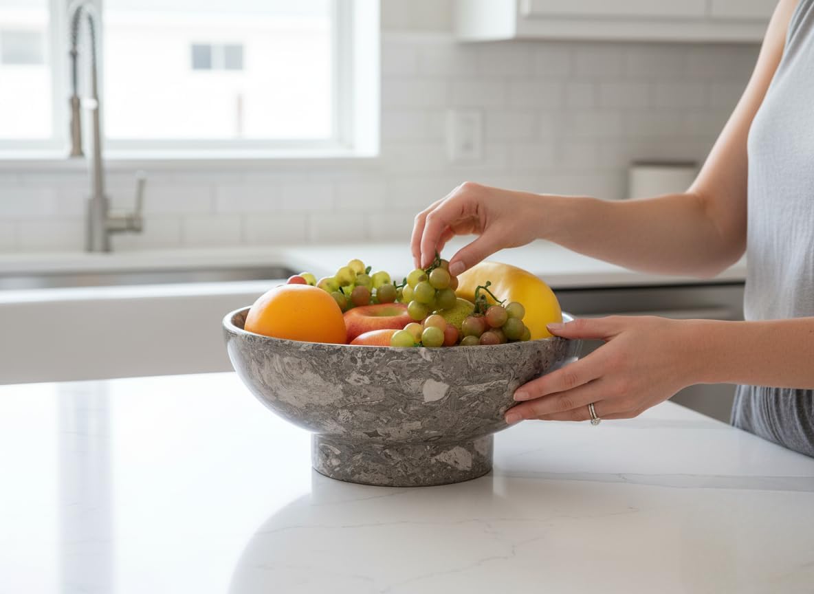Handmade Marble Fruit Bowl | Decorative Serving Bowl | Kitchen Countertop Bowl | Round Fruit Bowl | Home Décor Bowl - PuriLite