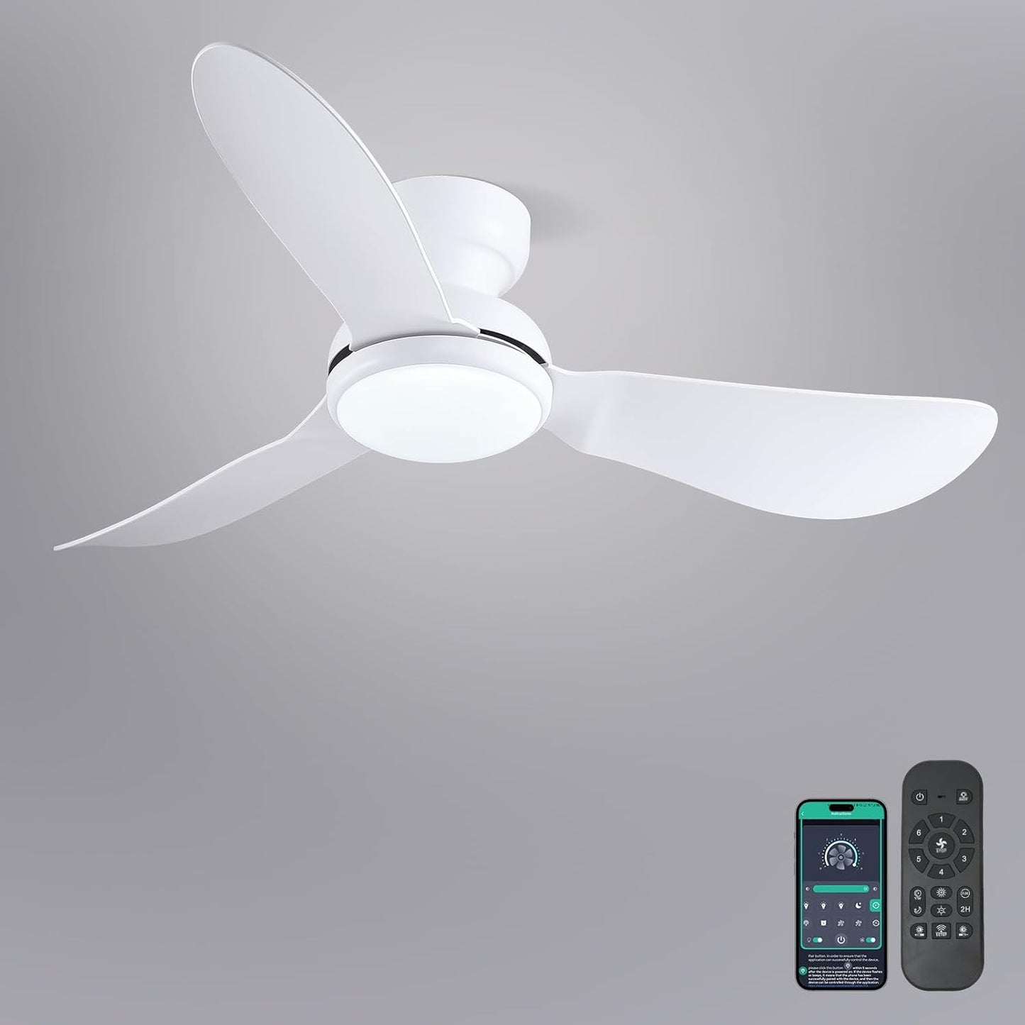 Kviflon 46 Inch Modern Ceiling Fans with Lights, Flush Mount Ceiling Fan with Remote/APP Control, 3 Reversible Curved Blades, 6 Speeds, 3 CCT, Dimmable Lights for Kids Room Bedroom, White