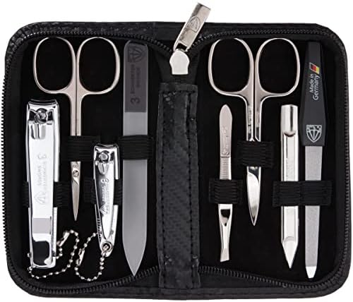 3 Swords Germany - brand quality 8 piece manicure pedicure grooming kit set for professional finger & toe nail care scissors clipper fashion leather case camou in gift box, Made in Germany