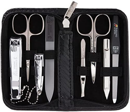 3 Swords Germany - brand quality 8 piece manicure pedicure grooming kit set for professional finger & toe nail care scissors clipper fashion leather case camou in gift box, Made in Germany
