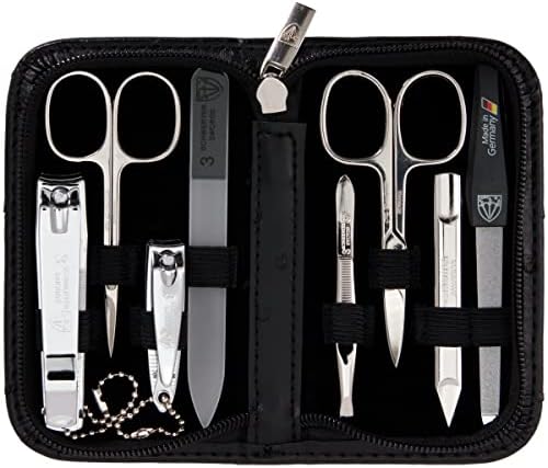 3 Swords Germany - brand quality 8 piece manicure pedicure grooming kit set for professional finger & toe nail care scissors clipper fashion leather case camou in gift box, Made in Germany
