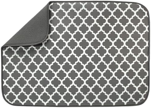 S&T INC. Absorbent, Reversible XL Microfiber Dish Drying Mat for Kitchen, 18 Inch x 24 Inch, Pewter Gray Trellis