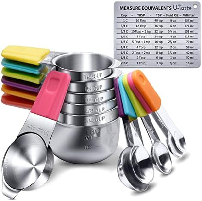Measuring Cups, U-Taste Measuring Cups and Spoons Set of 15 in 18/8 Stainless Steel : 7 Measuring Cups and 7 Measuring Spoons with 2 D-Rings and 1 Professional Magnetic Measurement Conversion Chart