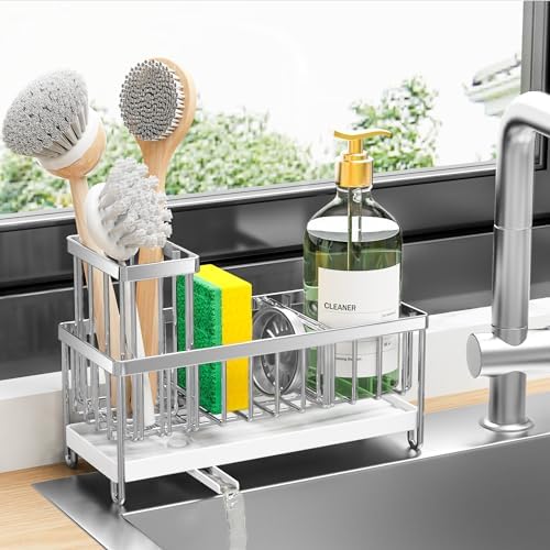 Cisily Sponge Holder for Kitchen Sink, Sink Caddy with High Brush Holder, Organzier Rustproof 304 Stainless Steel Dish Organizer Divider, Soap Dispenser Storage (Black)