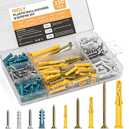 INCLY 230 PCS Drywall Anchors and Screws Assortment Kit,115 Plastic Self Drilling Wall Anchors for Drywall and 115 Flat Head Screw,5 Sizes Heavy Duty Galvanized Screw and Wall Plug Bolts with Box
