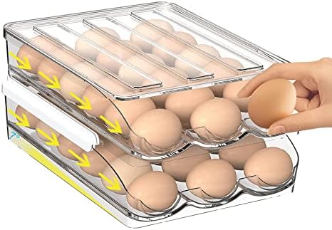 Auto Rolling Egg Storage for Fridge | Stackable Egg Organizer | Refrigerator Egg Holder with Lid | Kitchen Fridge Storage Box | Space Saving Egg Container
