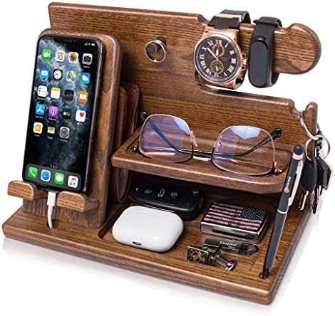 TESLYAR Wood Phone Docking Station – Solid Wood Desk & Nightstand Organizer for Men – Key Holder, Wallet, Watch & Essentials Stand