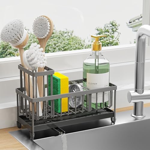 Cisily Sponge Holder for Kitchen Sink, Sink Caddy with High Brush Holder, Organzier Rustproof 304 Stainless Steel Dish Organizer Divider, Soap Dispenser Storage (Black)