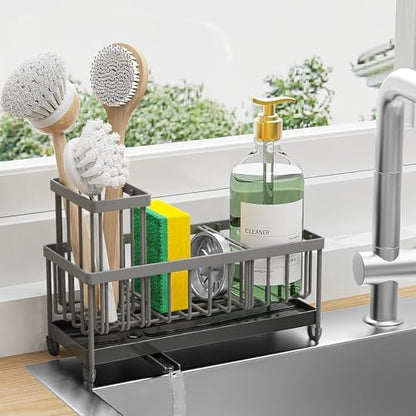 Cisily Sponge Holder for Kitchen Sink, Sink Caddy with High Brush Holder, Organzier Rustproof 304 Stainless Steel Dish Organizer Divider, Soap Dispenser Storage (Black)