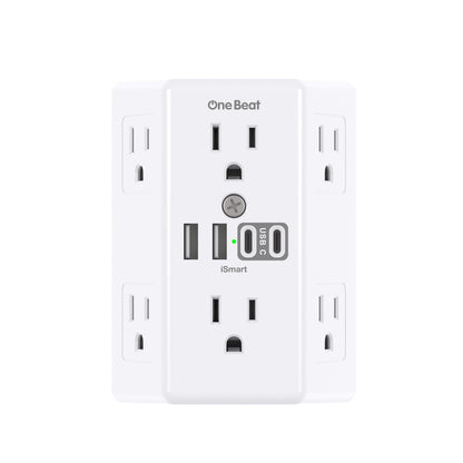 Wall Outlet Extender Surge Protector with 6 AC Outlets and 4 USB Ports, 3-Sided Multi Plug Wall Adapter with USB-C, 1800J Power Strip for Home, Office, and Dorm Room - PuriLite