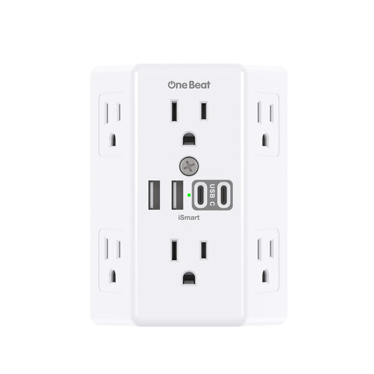 Wall Outlet Extender Surge Protector with 6 AC Outlets and 4 USB Ports, 3-Sided Multi Plug Wall Adapter with USB-C, 1800J Power Strip for Home, Office, and Dorm Room - PuriLite