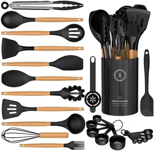Silicone Cooking Utensils Set - Silicone Kitchen Utensils for Cooking Wooden Handles, 446°F Heat Resistant Kitchen Utensil Spatula Sets w Holder, Gadgets for Non-Stick Cookware BPA Free (Black)