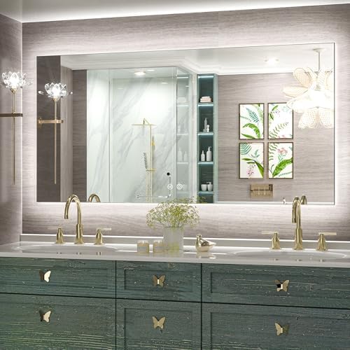 Keonjinn 40 x 32 Inch LED Bathroom Mirror with Acrylic, Backlit Mirror Anti-Fog, Lighted Bathroom Mirror for Wall, CRI90 High Definition Dimmable Large Makeup Mirror(Horizontal/Vertical)