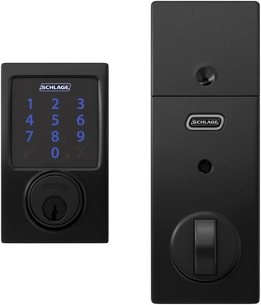 Schlage BE469ZP CEN 622 Connect Smart Deadbolt with Alarm with Century Trim in Matte Black, Z-Wave Plus Enabled - PuriLite