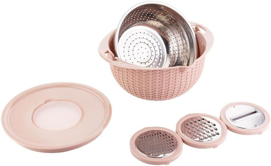 4 in 1 Colander with Bowl Set, Double Layer Fruit Cleaner, Salad Spinner, Rotatable Strainers, for Draining Cooked Pasta, Noodles,Vegetables, Fruits and Rice (Beige)