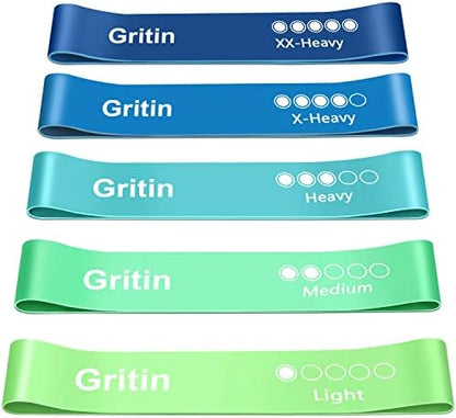 Gritin Resistance Bands, Set of 5 Skin-Friendly Resistance Fitness Exercise Loop Bands with 5 Different Strength Levels - Travel Carrying Case Included - Ideal for Home, Gym, Yoga, Training