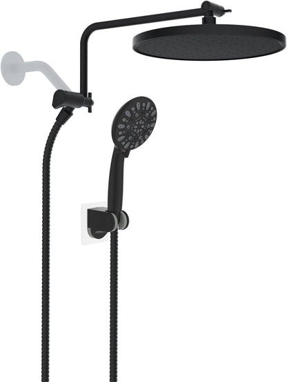 Metal Thickness Shower Head, 10'' High Pressure Rainfall Shower Head/Handheld Showerhead Combo with 12'' Adjustable Shower Extension Arm, 7-Spray, 71'' Hose, Showerhead Holder, Matte Black