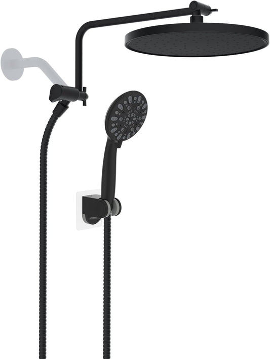 Metal Thickness Shower Head, 10'' High Pressure Rainfall Shower Head/Handheld Showerhead Combo with 12'' Adjustable Shower Extension Arm, 7-Spray, 71'' Hose, Showerhead Holder, Matte Black