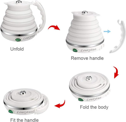 120V 555ML Ultrathin Travel Foldable Electric Kettle with Separable Power Cord and Handle, Boil Dry Protection, Food Grade Silicone
