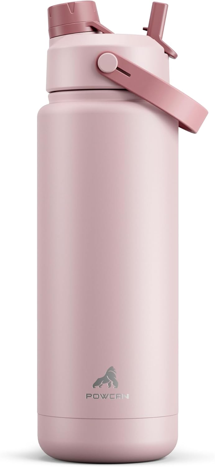 POWCAN 26 oz Insulated Water Bottle with 2-in-1 Straw and Spout Lid, Keep Cold 24H, Leak-Proof, Fits in Car Cup Holder, Stainless Steel Water Bottle for Sports, Travel, and School (Cotton Candy)