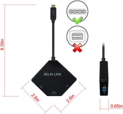 USB C to HDMI DVI VGA Adapter, 3 in 1 USB-C to 4K HDMI, VGA, DVI Video Adapter, Multi-Display Video Converter Monitors Connector for Mac Pro, MacBook Air, iPad Pro, XPS, etc (TC0302B)