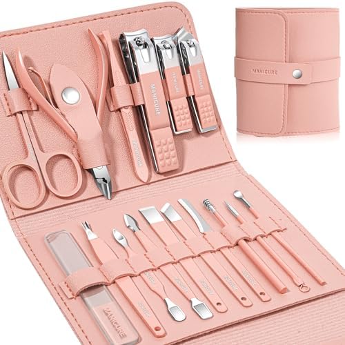 Manicure Set Professional Nail Clippers Pedicure Kit, 16 pcs Stainless Steel Nail Care Tools Grooming Kit with Luxurious Travel Leather Case for Thick Nails Men Women Gift (Black)