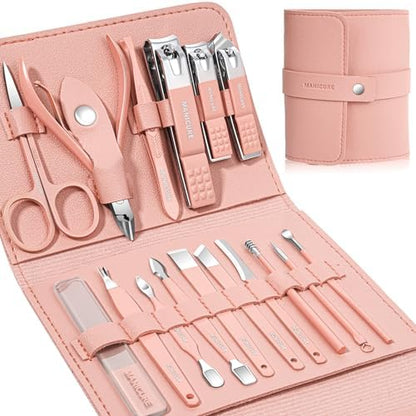 Manicure Set Professional Nail Clippers Pedicure Kit, 16 pcs Stainless Steel Nail Care Tools Grooming Kit with Luxurious Travel Leather Case for Thick Nails Men Women Gift (Black)