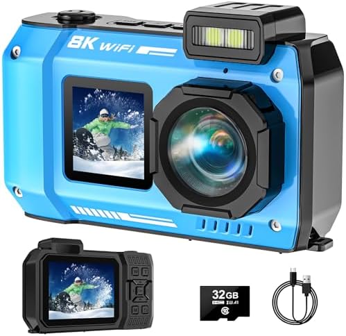 UHD 8K Underwater Camera, 70MP 33FT WiFi Waterproof Digital Camera with 64GB Card, Auto Focus Waterproof Dual-Screen Selfie 2500mAh Battery, 18X Floatable Digital for Snorkeling