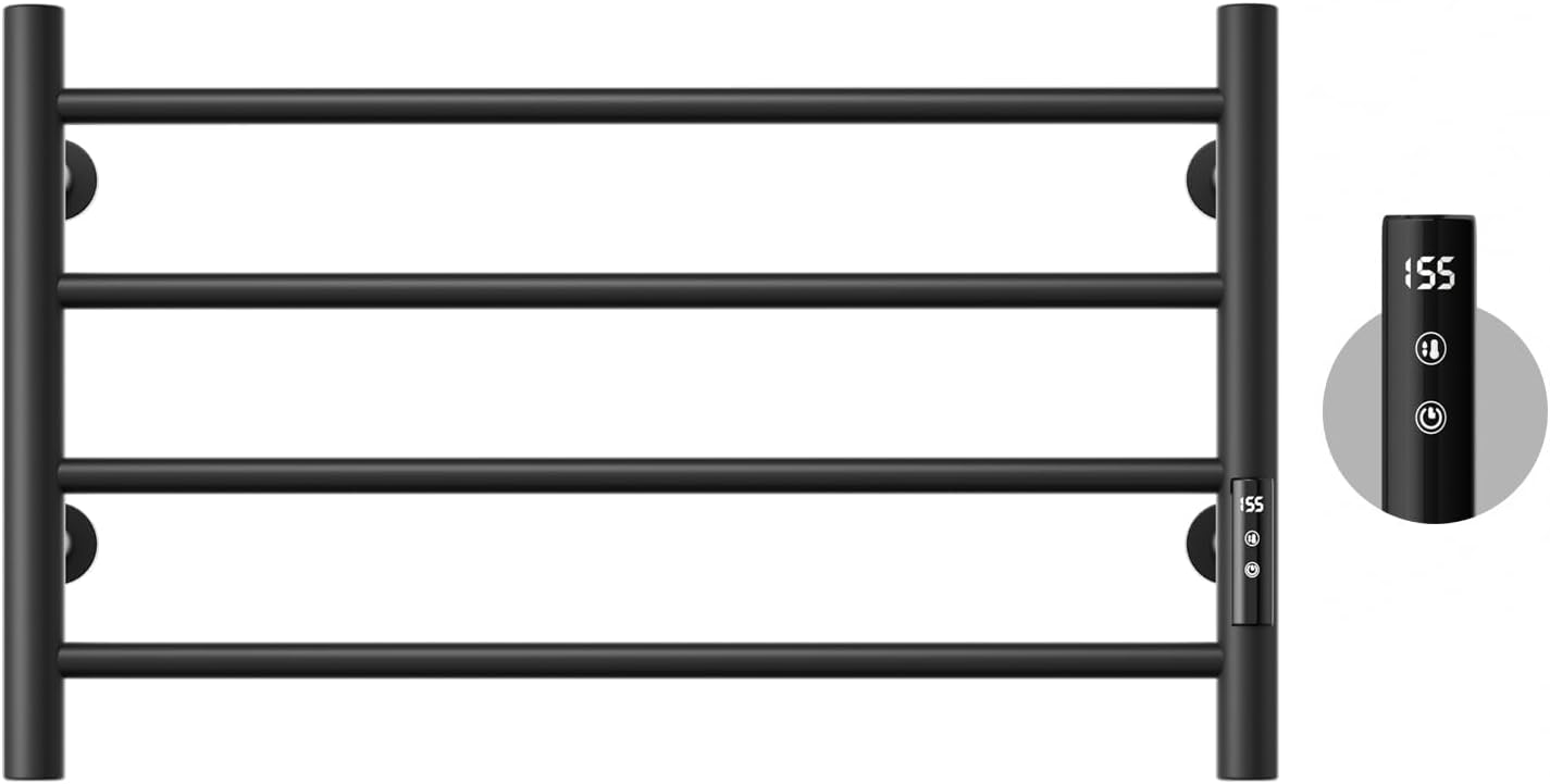 POPFLY Heated Towel Rack, Wall Mounted Electric Hot Towel Warmer, 4-Bar 304 Stainless Steel Small Heated Towel Warmer Rack for Bathroom with Timer and Temperature Control, Brushed