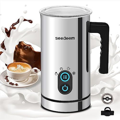 Milk Frother, Seedeem 4-in-1 Electric Milk Steamer, 10.2oz/300ml Automatic Warm and Cold Milk Foamer, Stainless Steel Milk Steamer for Latte, Cappuccinos, Hot Chocolate Milk ……