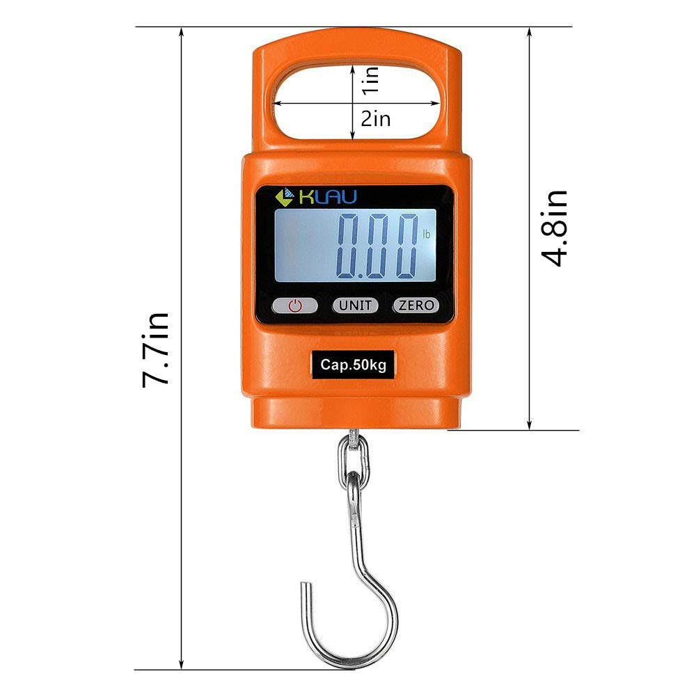 Klau Portable Fish Weighing Scales 100 lb / 1600 oz Heavy Duty Digital Hanging Scale LCD Display with Backlight Orange for Home Farm Hunting Outdoor
