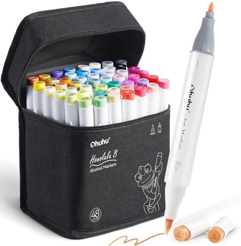 Ohuhu 48 Color Alcohol Markers Brush Tip: Double Tips Drawing Marker for Adults Artists Coloring Books Soft Tip Markers 1 Alcohol-based Marker Blender, Brush & Chisel- Honolulu Art Pen Gift - PuriLite