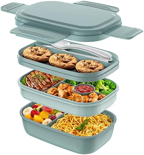Bento Box Adult - 3 Layers Stackable Lunch Containers for Adults & Kids, 72oz Large Salad Containers for Lunch with Utensil Sauce Dressing Containers for Dining Out,Work,Pink