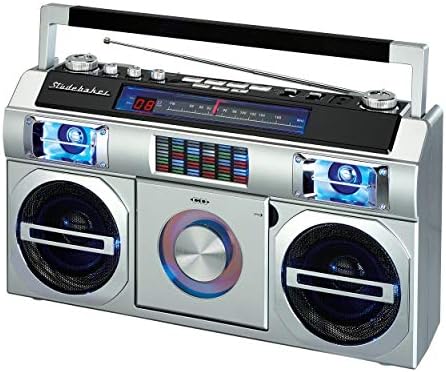 Studebaker SB2145S 80's Retro Street Bluetooth Boombox with FM Radio, CD Player, LED EQ, 10 Watts RMS and AC/DC in Silver