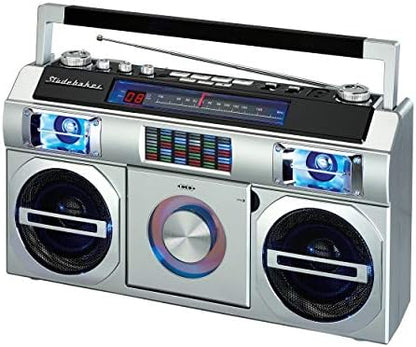 Studebaker SB2145S 80's Retro Street Bluetooth Boombox with FM Radio, CD Player, LED EQ, 10 Watts RMS and AC/DC in Silver