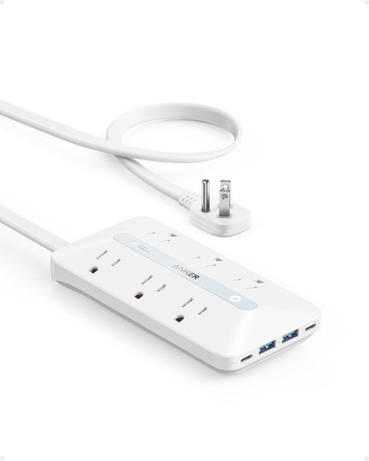 Anker Flat Plug Power Strip 300J with USB Ports, 10-in-1 Ultra Thin Power Strip with 6 AC, 2 USB-A and 2 USB-C Ports,5feet Extension Cord, Desk Charging Station,Home Office College Dorm