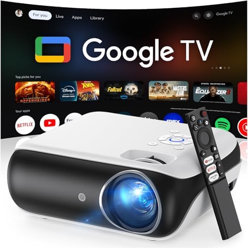 Official Licensed Google TV Smart Projector, HAPPRUN Projector 4k Support with Dolby Sound, Built-in Streaming Apps, Native 1080P, Wi-Fi & Bluetooth, Projecteur for Home Cinema,Gaming,Outdoor