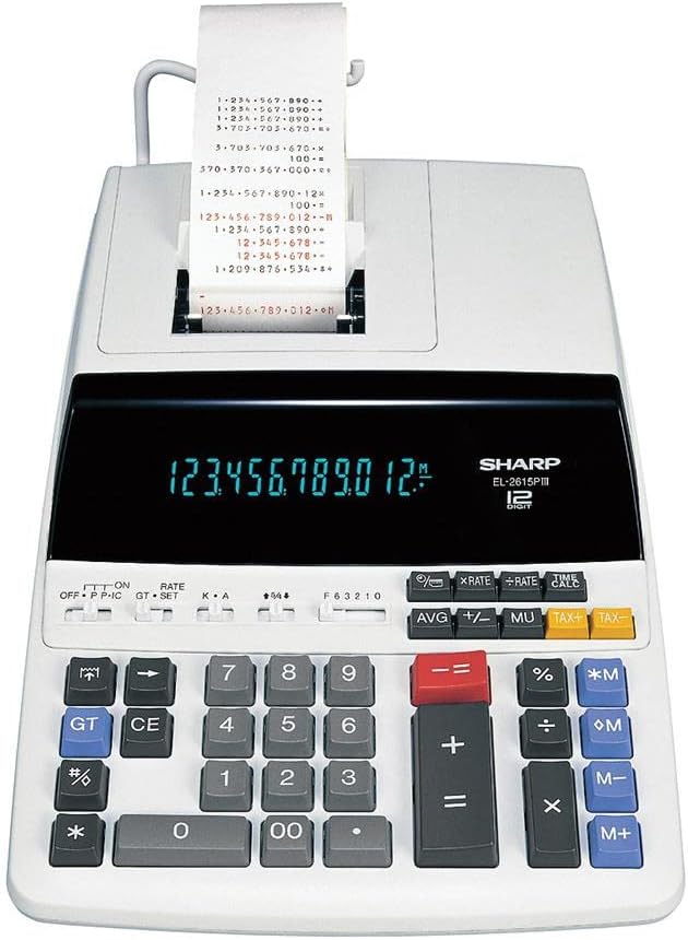 Sharp SHREL2615PIII Printing Calculator, 12-Digit Fluorescent Display, 4.3 LPS Two-Color Printing, Clock Calendar, Ideal for Accounting and Business