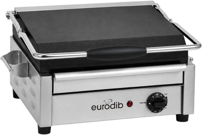 Eurodib Commercial Panini Grill, Flat Plates, 1800W Electric – SFE02340120 | Smooth flat plates, dual heating elements to 572°F, self-balancing hinged top plate, easy-clean removable tray