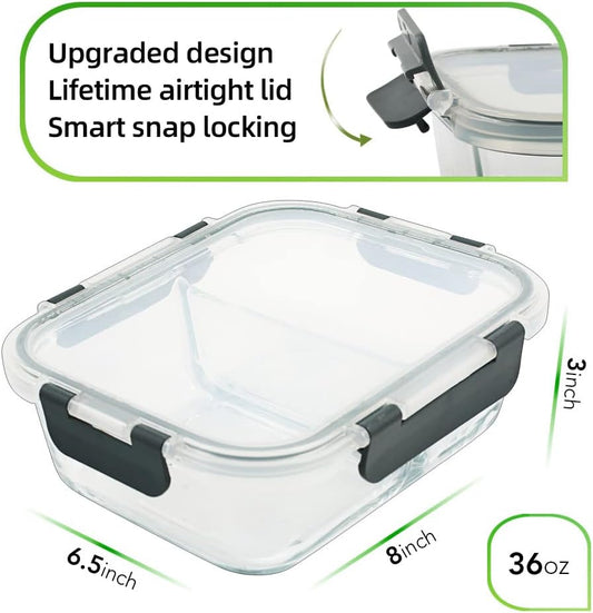 DAS TRUST 5 Pack 36oz Food Storage Containers 2 Compartments Glass Meal Prep Containers with Lid Lunch Containers for Adult Food Prep with Dividers - PuriLite