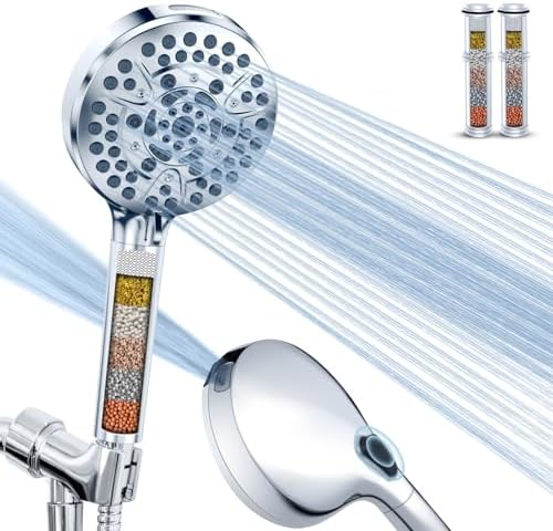 High Pressure 10-Mode Handheld Shower Head - Built in Power Wash for Clean, Replaceable Filter Soften Hard Water Remove Chlorine, 60 Inches Hose, Overhead Bracket, Anti-Clog Nozzle (Chrome)