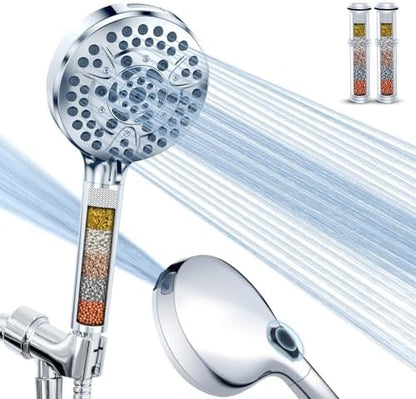 High Pressure 10-Mode Handheld Shower Head - Built in Power Wash for Clean, Replaceable Filter Soften Hard Water Remove Chlorine, 60 Inches Hose, Overhead Bracket, Anti-Clog Nozzle (Chrome)